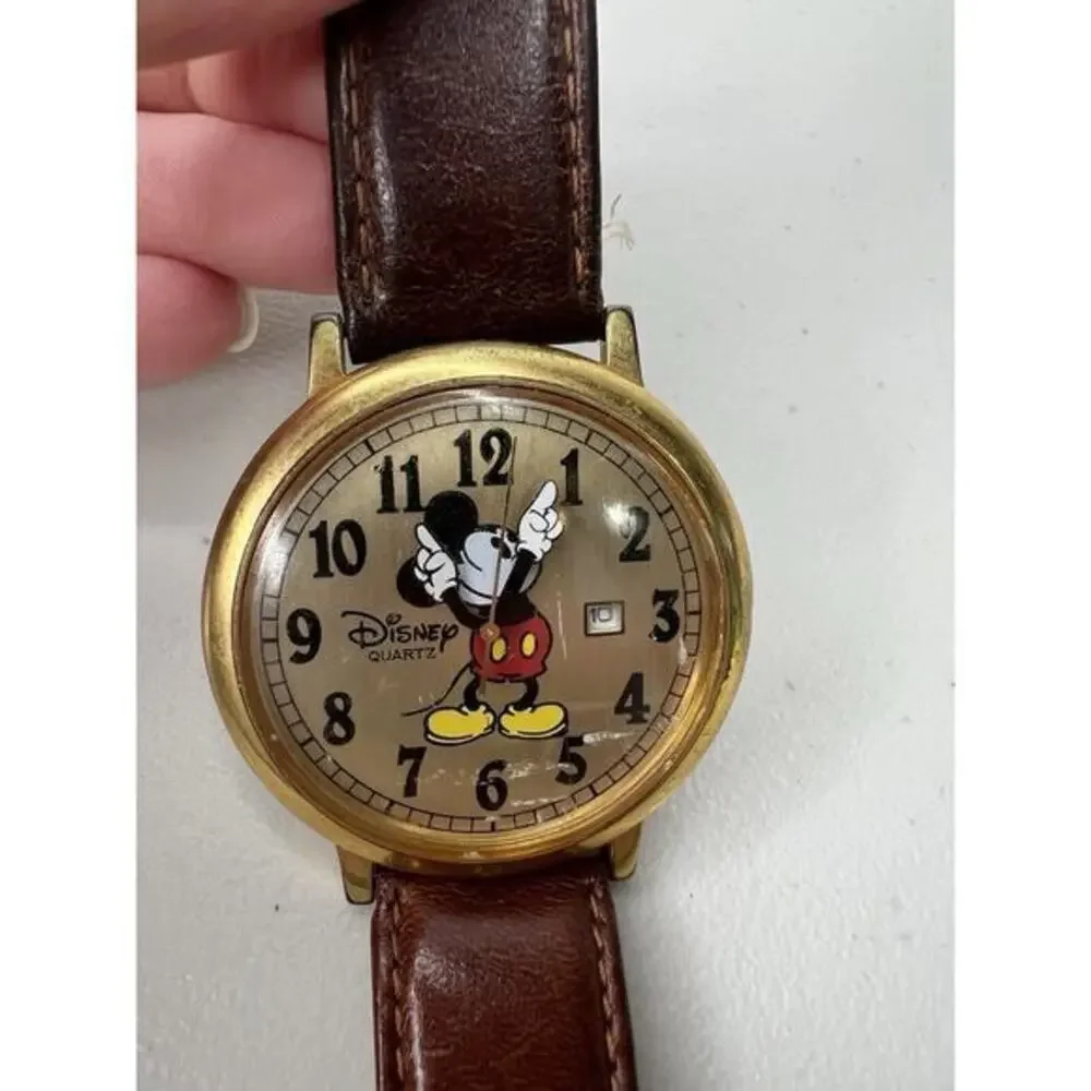 Disney Time Works Mickey Mouse Gold Toned Analog Watch Brown Leather